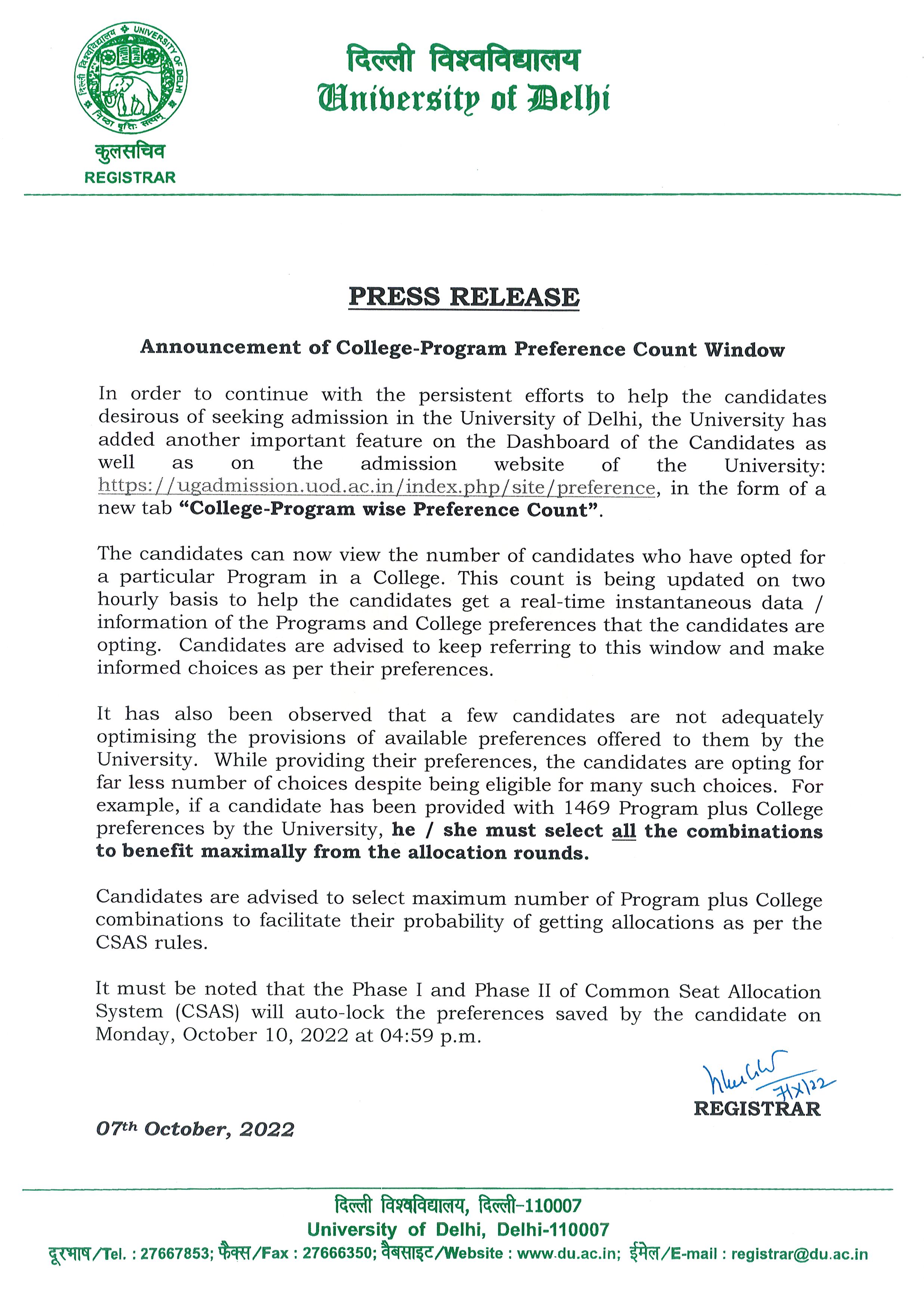 07-10-2022-Press Release - Announcement of College-Program preference Count Window - DU